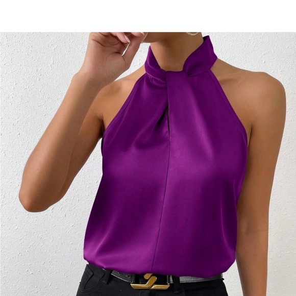 Luxe Satin Mock Neck Halter Sleeveless Top Blouse Shirt - Picture 7 of 12